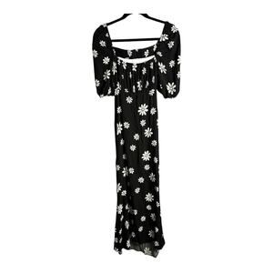ASOS Black and White Floral Long Dress Puff Sleeves & Open Back Size 12